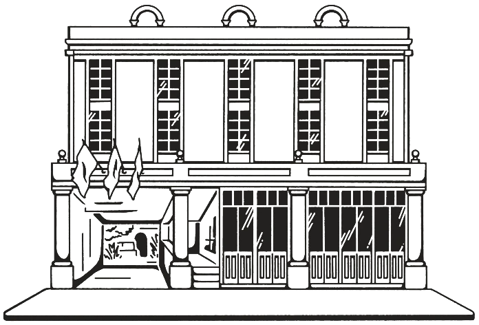 a black and white drawing of a building