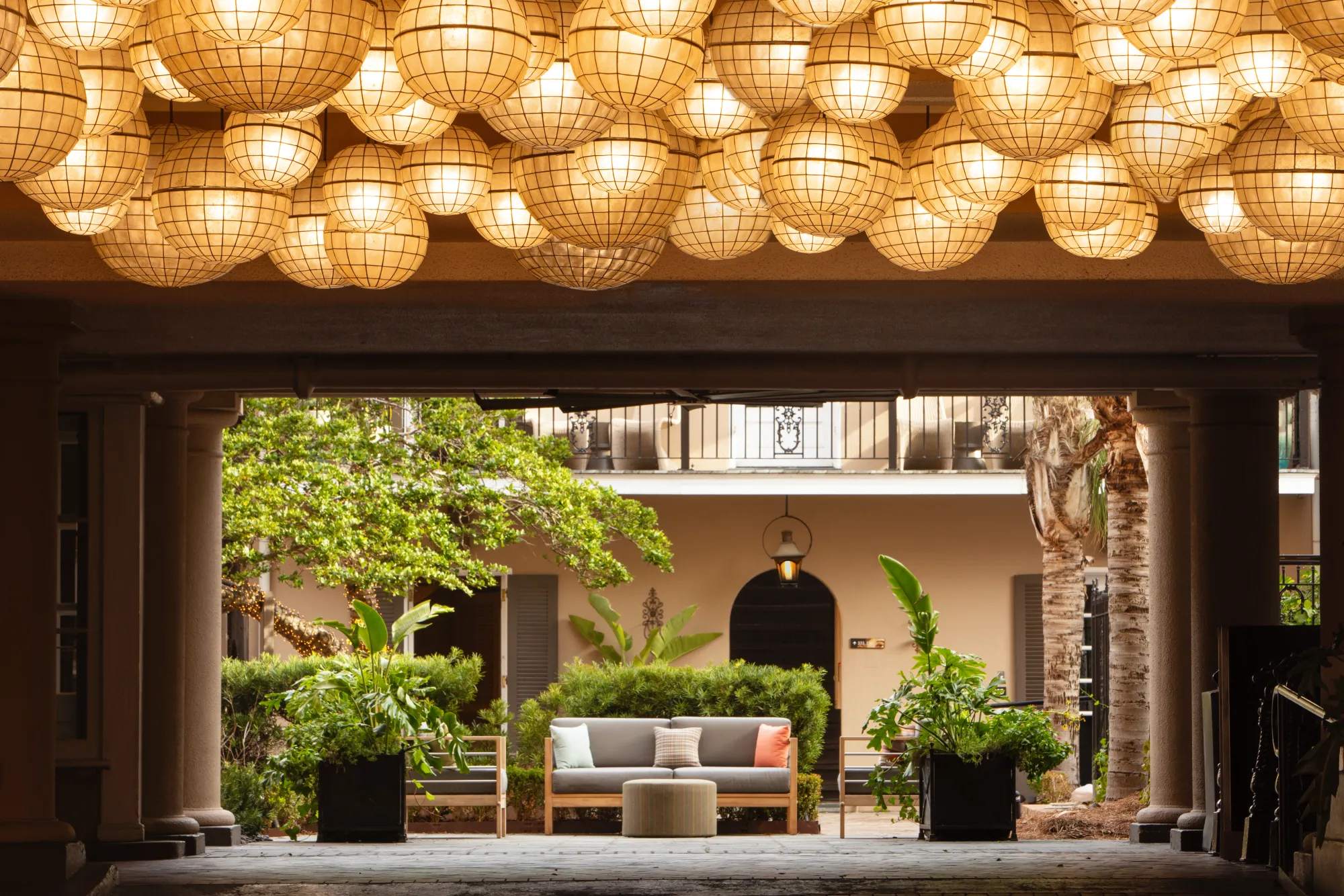 Hotel De La Poste courtyard in the French Quarter set for an outdoor New Orleans wedding event