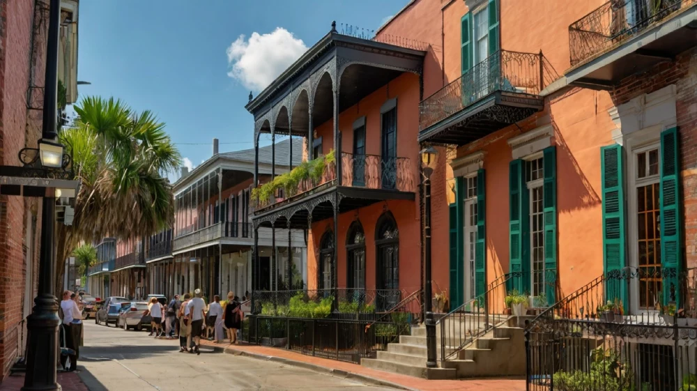 a group of people walking down a street next to tall buildings