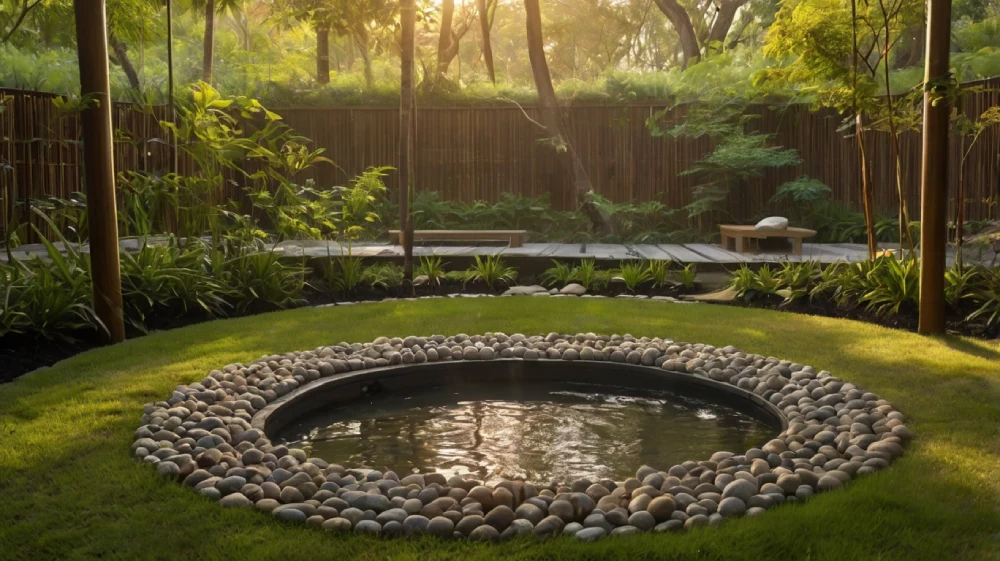 a garden with a pond surrounded by rocks
