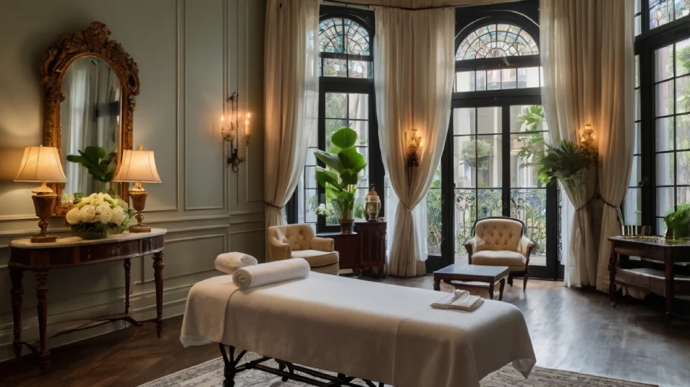 a spa room with a large window and a white bed