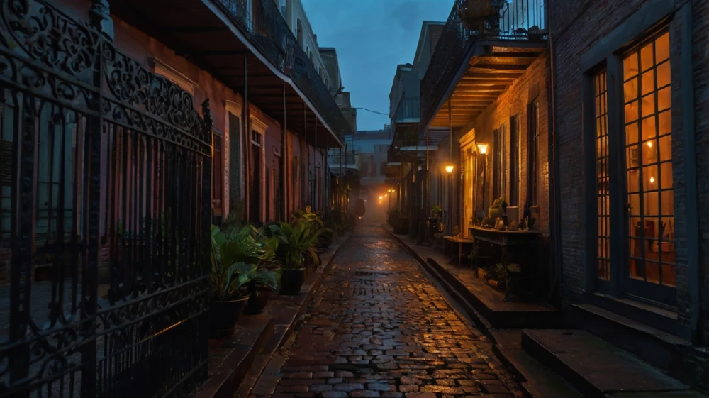a dark alley way with a few buildings on either side