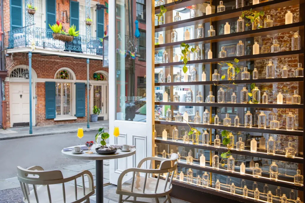 Cozy Café with Street View and Decorative Glass Bottles